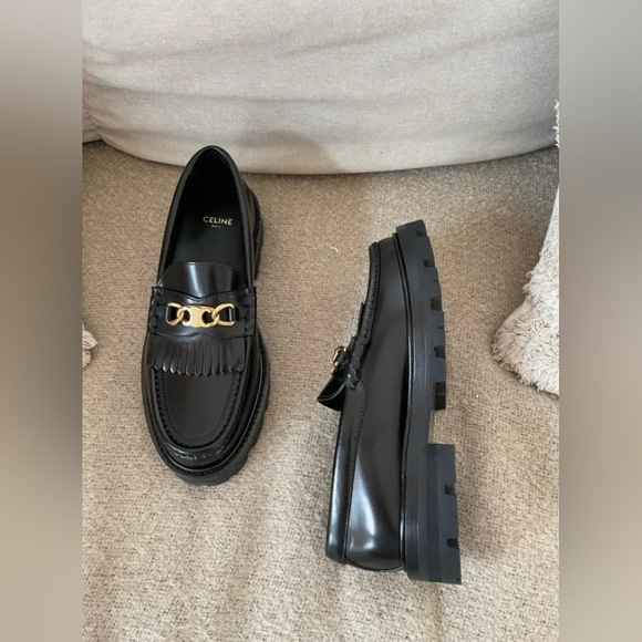 Celine Glossy Black Loafers with Gold Detail - Picture 2 of 9